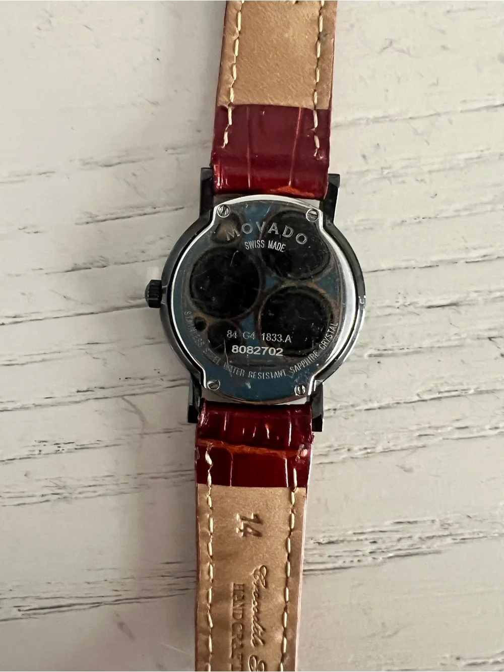 Movado Women's Watch with Red Croc-Pattern Leather Strap and Black Dial